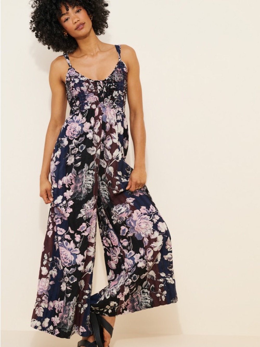 Free People Floral Wide-Leg Jumpsuit in Navy and Lavender